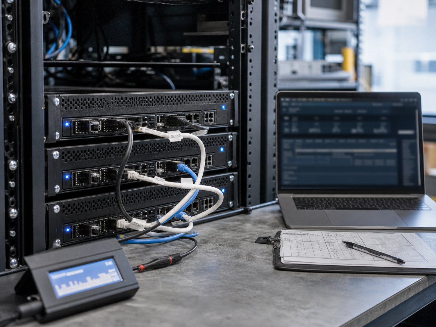 Rack servers and a laptop during deployment verification