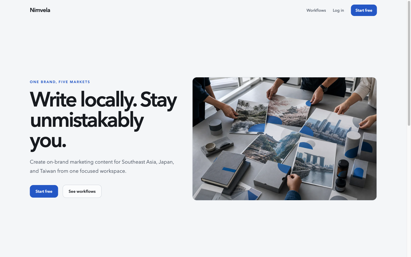 Nimvela multilingual marketing workspace homepage
