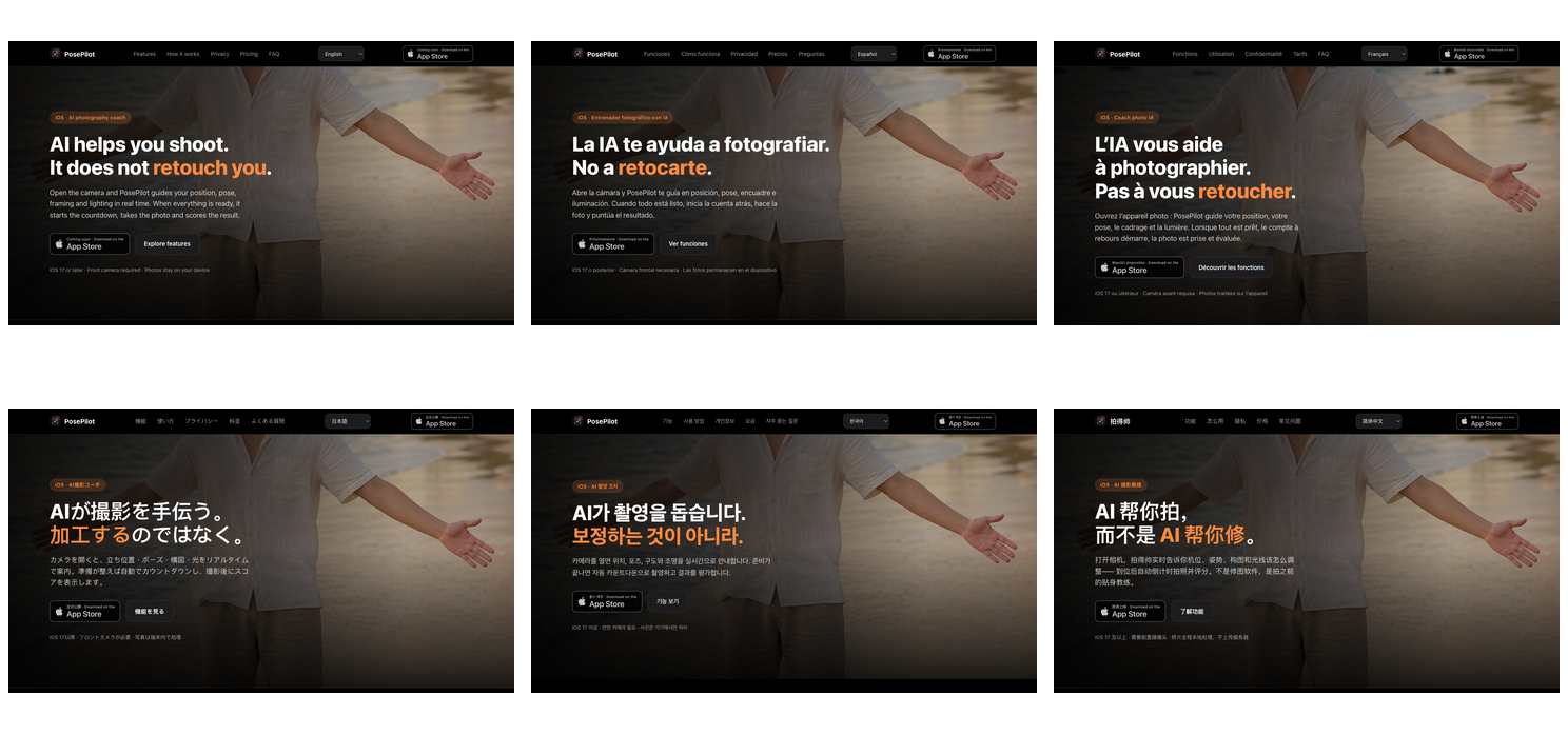 PosePilot product website shown in six supported languages